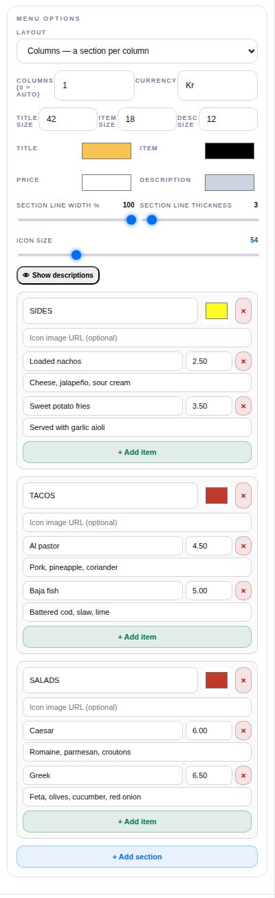 Menu Board settings.