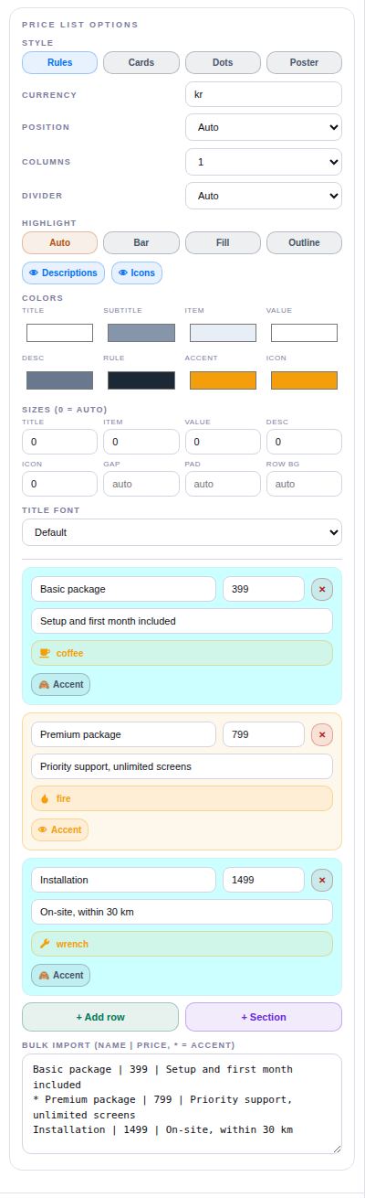 Price List settings.