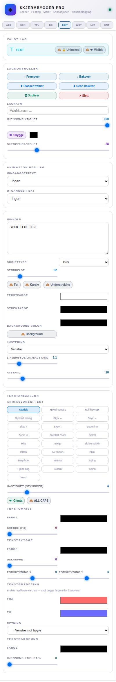 EDIT med et tekstelement valgt.