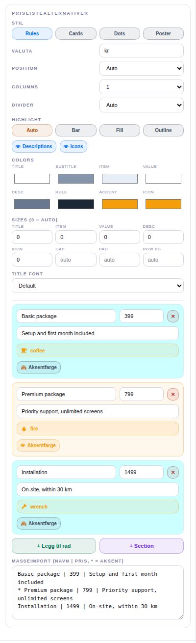 Innstillinger: Prisliste.